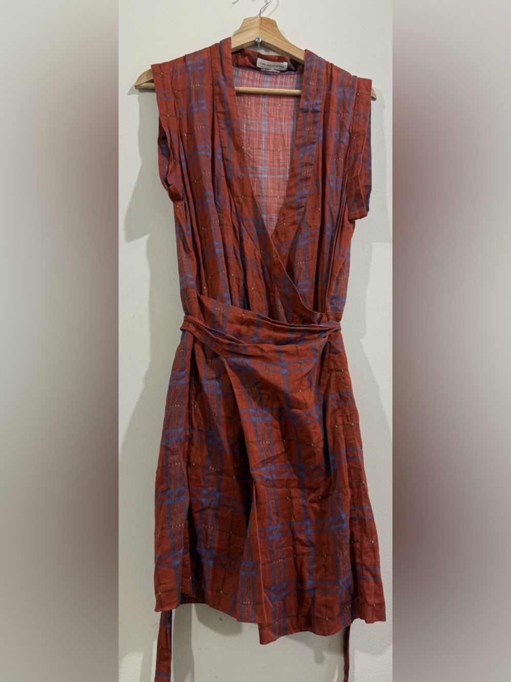 Isabel Marant Rust and Blue Plaid Sleeveless Wrap Midi Dress